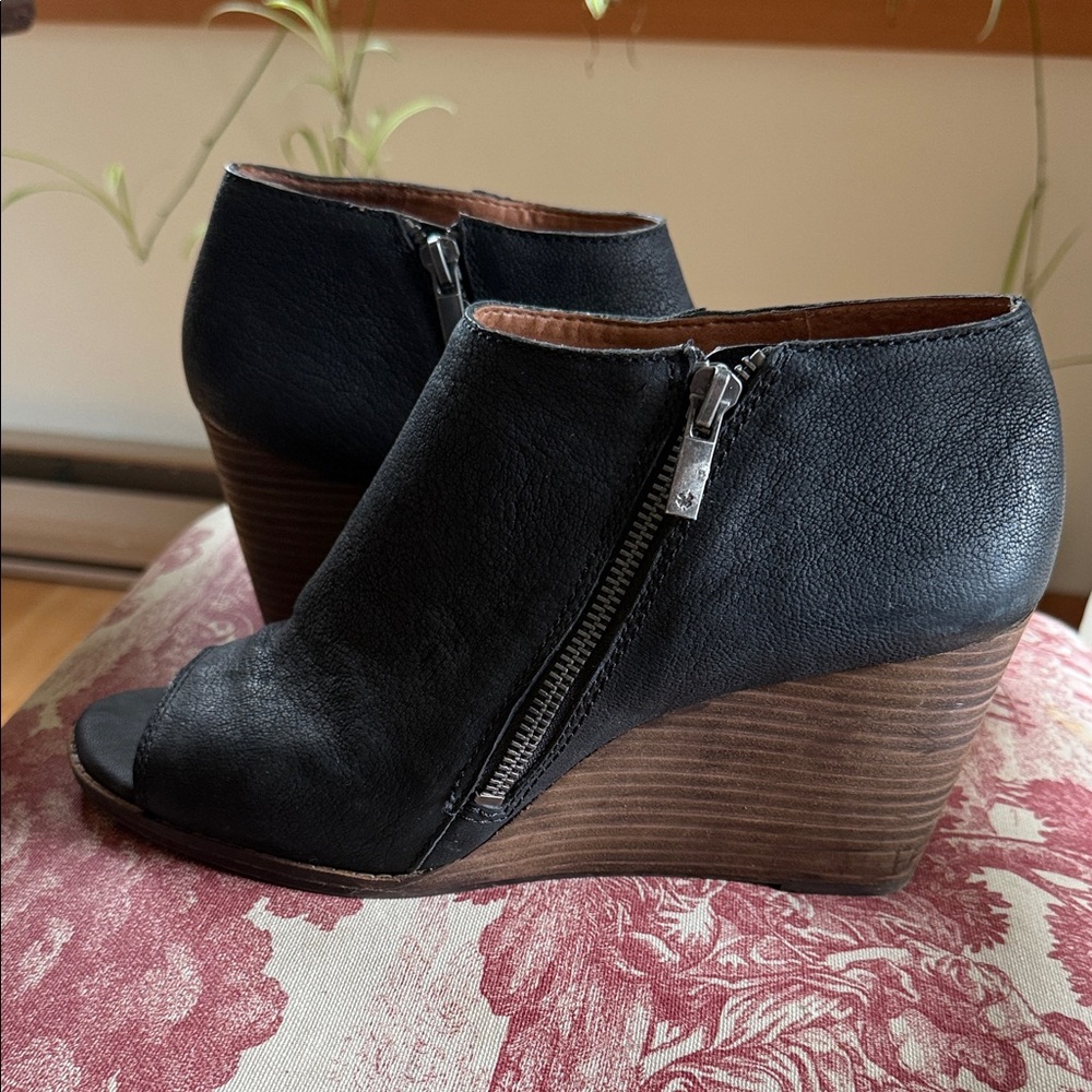 Lucky Brand Black Peep-Toe Wedge Booties